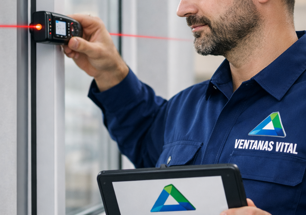 El instalador de Ventanas Vital esta revisando el nivel de ventana pvc después de instalación