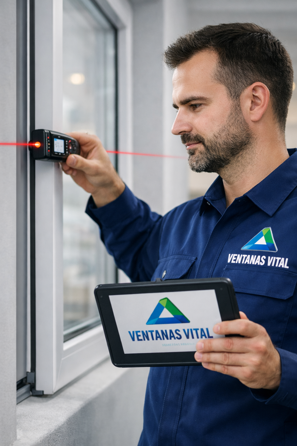 El instalador de Ventanas Vital esta revisando el nivel de ventana pvc después de instalación